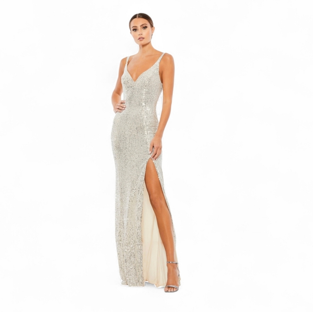 Mac Duggal Silver Sequin V-Neck Maxi Dress with High Slit